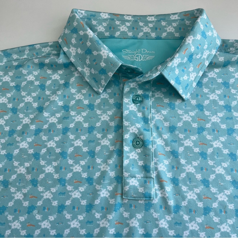 Straight Down Men’s Tropical‎ Golf Polo Blue Orange Large short sleeve